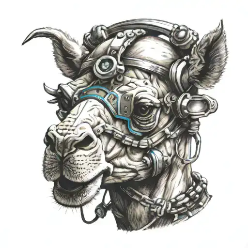 rave party techno camel with demon horns on head and headphones y2000k style tattoo design idea