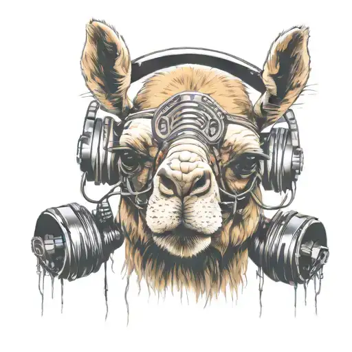 rave party techno camel with demon horns on head and headphones y2000k style tattoo design idea
