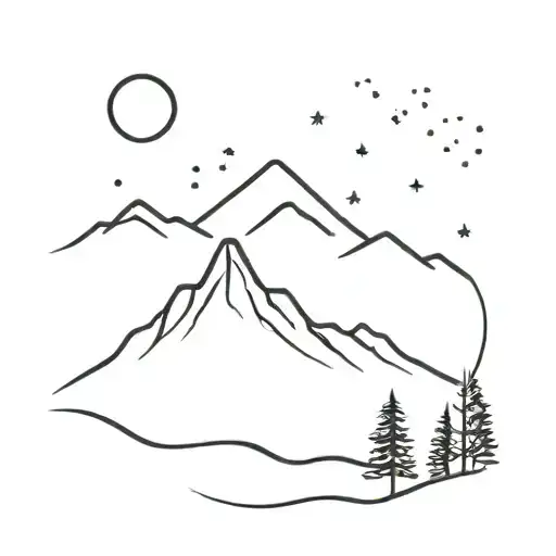 A minimalist linear tattoo of a mountain with single tree silhouette and paw prints and a moon with sparkles horizontal tattoo design idea