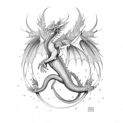 feminine dragon with wings in autumn leaves tattoo design idea