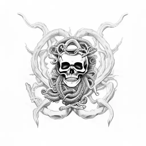 sleeve of wild flowers, skeletons and Medusa  tattoo design idea