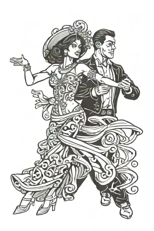 Latin dancing couple with woman posing inclined tattoo design idea