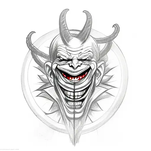 a sketch of a tattoo depicting a devilishly laughing simple joker m, around which the world serpent ermungand is wrapped tattoo design idea