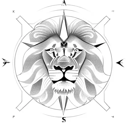 A lion's face incorporated into a compass, representing the client's journey towards success and their ability to navigate through challenges. tattoo design idea