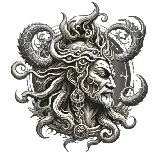 A tattoo design featuring a powerful shiv god surrounded by darkness and energy tattoo design idea