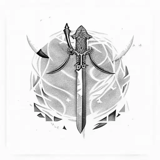 Create a tribal inspired design featuring a sword and arrow intertwined with animal motifs tattoo design idea