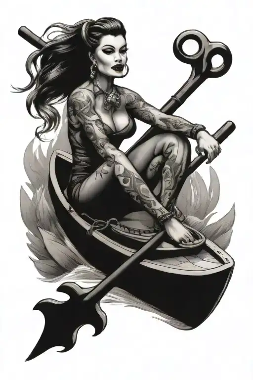 kayak fishing anchor pin up girl tattoo design idea