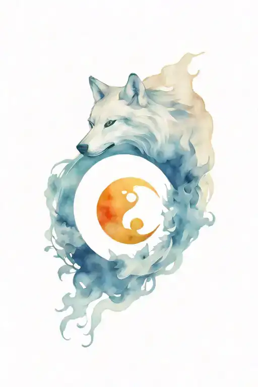 yin yang whose extremities are wolf heads. all with a smoke effect tattoo design idea