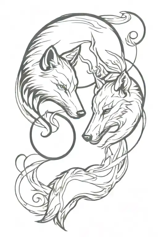 yin yang whose extremities are wolf heads. all with a smoke effect tattoo design idea