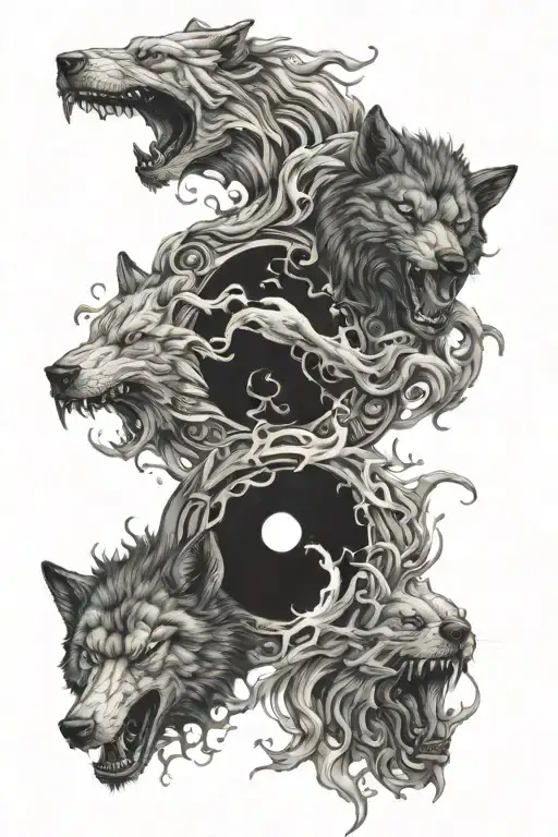 yin yang whose extremities are wolf heads. all with a smoke effect tattoo design idea