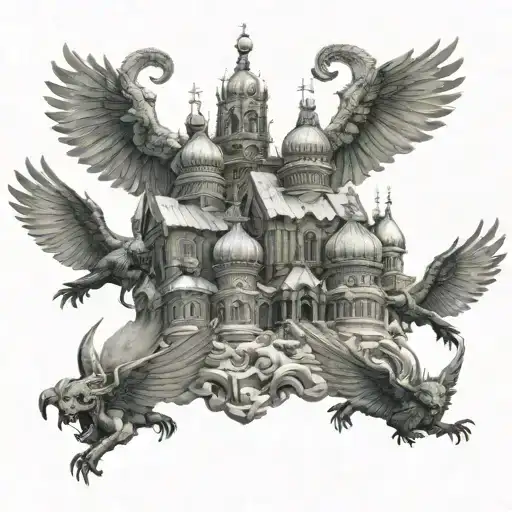 8 russian temples with demons flying around the tops  tattoo design idea