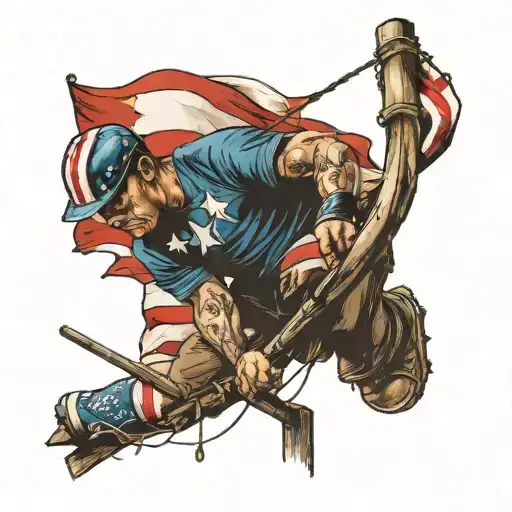 tattered american flag lineman climbing pole  tattoo design idea
