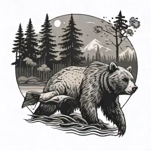Create a tattoo of a bear fishing in a forest setting, incorporating elements of the client's favorite things tattoo design idea