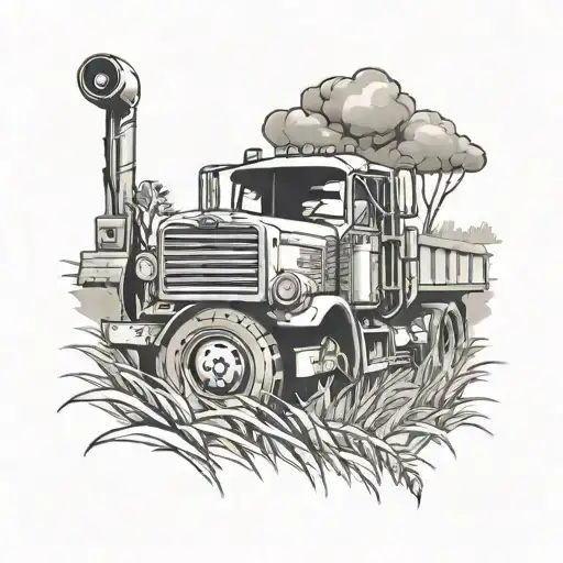 Design a tattoo of a truck plowing through a field, symbolizing the client's love for farming and trucks tattoo design idea