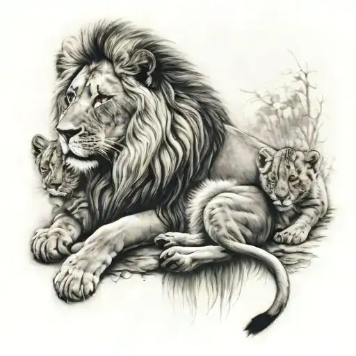 Queen lion with her paws around her 3 cubs  tattoo design idea