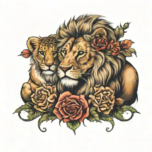 Queen lion with her paws around her 3 cubs intertwined with roses tattoo design idea