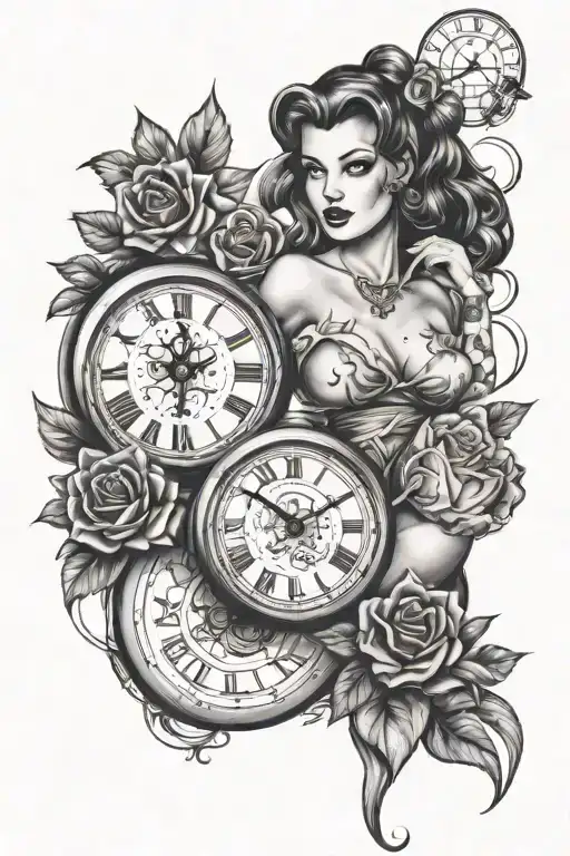  pinup girl with joint, clock roses intertwined tattoo design idea