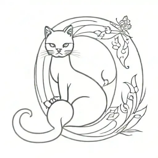 cat moon butterfly letter D tattoo design idea
