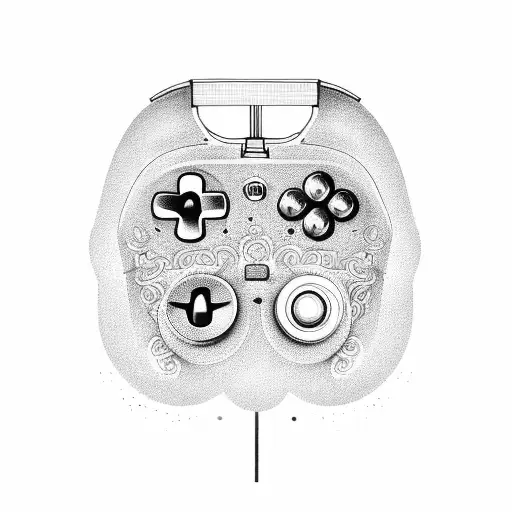 An Xbox controller morphing into a money tree with intricate dotwork details tattoo design idea