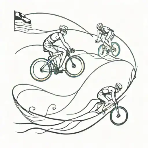 swimmer and mtb cyclist racing on a wave pattern like mmm code tattoo design idea