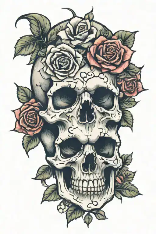skull and roses blooming tattoo design idea