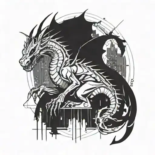 A futuristic cyberpunk gaming scene with a dragon inspired by anime, incorporating elements of blackwork style tattoo design idea