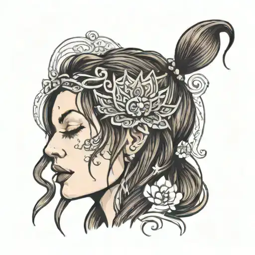 white woman, long straight wet brown hair, tongue sticked out, closed eyes tattoo design idea
