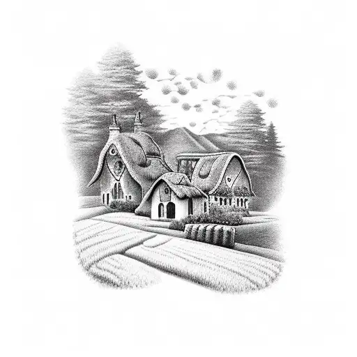 A dotwork tattoo of a picturesque countryside village with rolling hills and cozy cottages, capturing the charm of rural life tattoo design idea