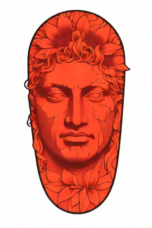 A realistic depiction of the David statue with intricate vine patterns wrapping around it, accented by a single vibrant sunflower tattoo design idea