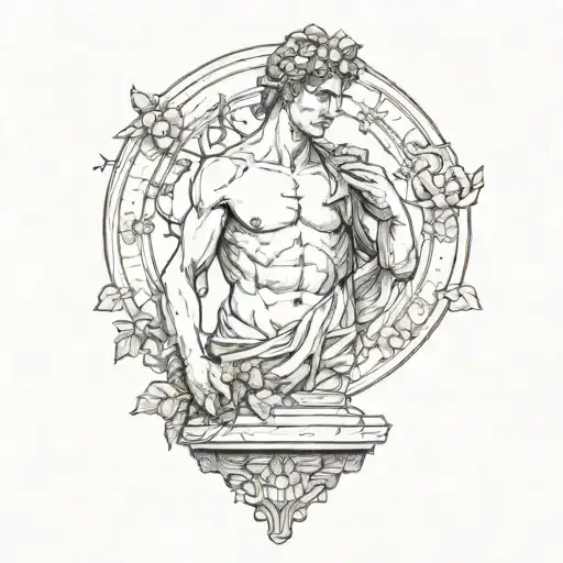 The David statue slightly cracked and weathered with vines and a lonely flower  - as if nature took over   tattoo design idea