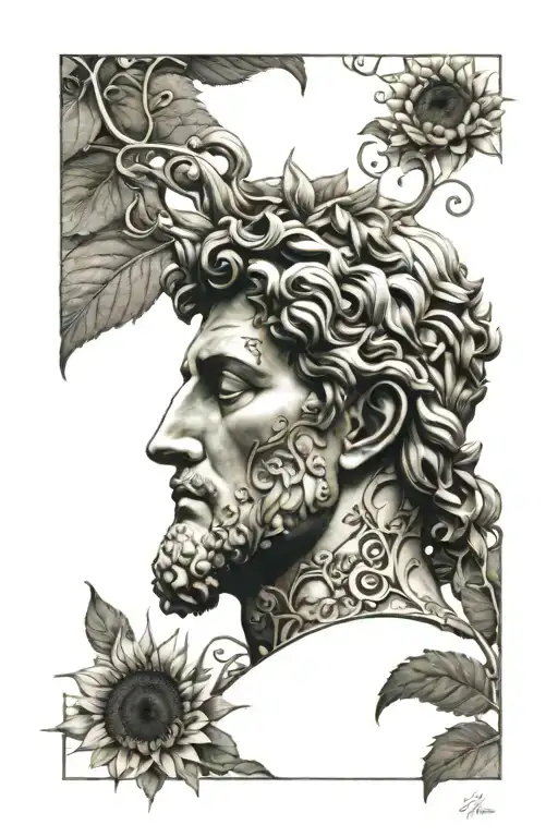 A realistic depiction of the David statue with intricate vine patterns wrapping around it, accented by a single vibrant sunflower tattoo design idea