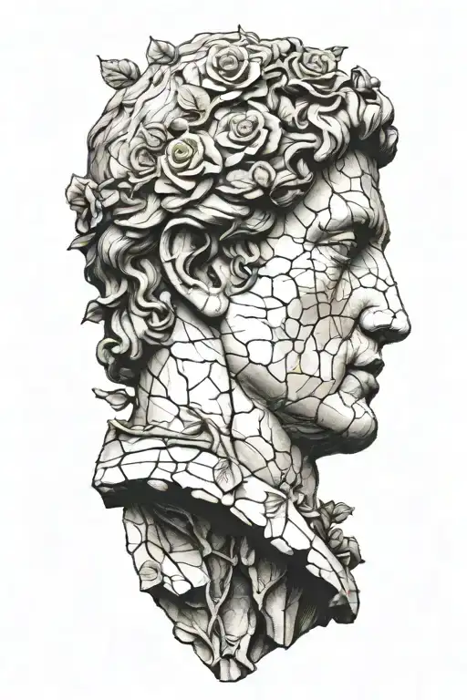The David statue cracked and weathered with vines with a lonely flower tattoo design idea