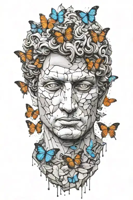 A realistic portrait of the David statue with cracks and weathering, surrounded by vibrant butterflies tattoo design idea