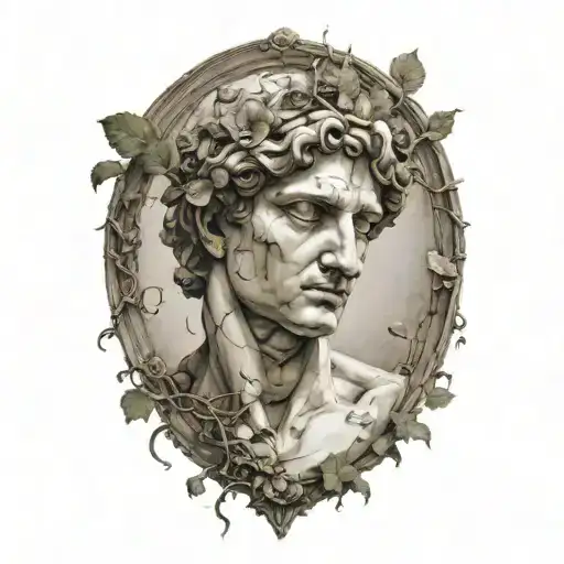 The David statue slightly cracked and weathered with vines and a lonely flower  - as if nature took over   tattoo design idea