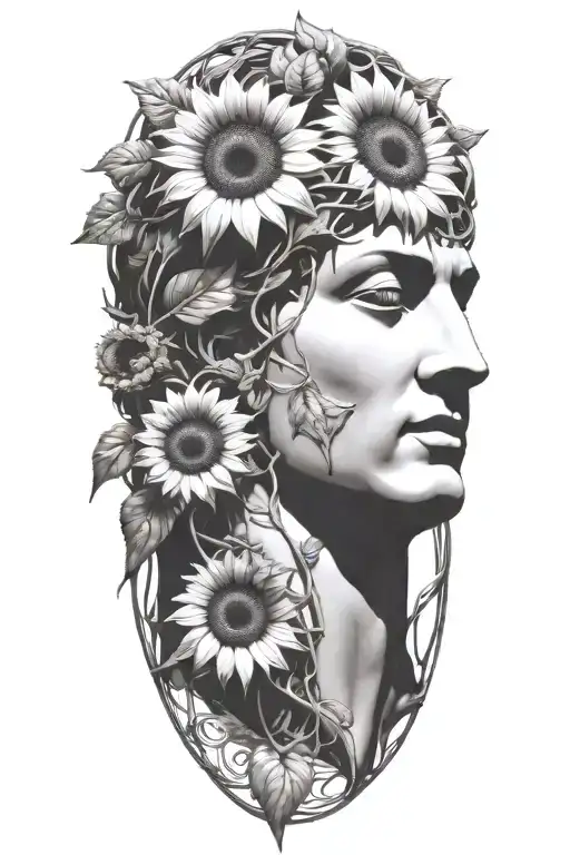A realistic depiction of the David statue with intricate vine patterns wrapping around it, accented by a single vibrant sunflower tattoo design idea