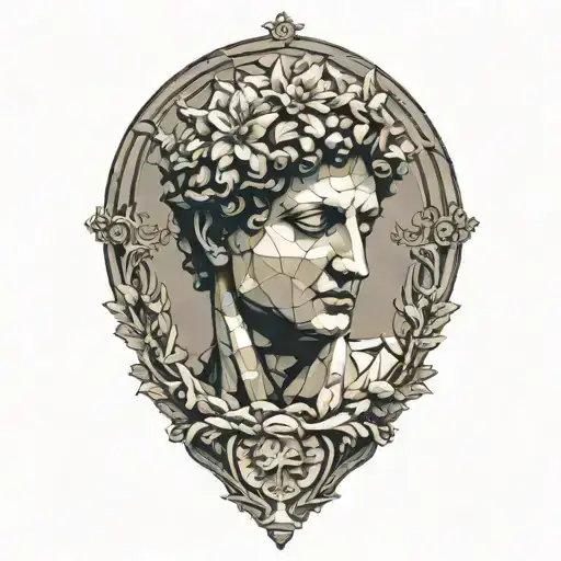 The David statue slightly cracked and weathered with vines and a lonely flower  - as if nature took over   tattoo design idea