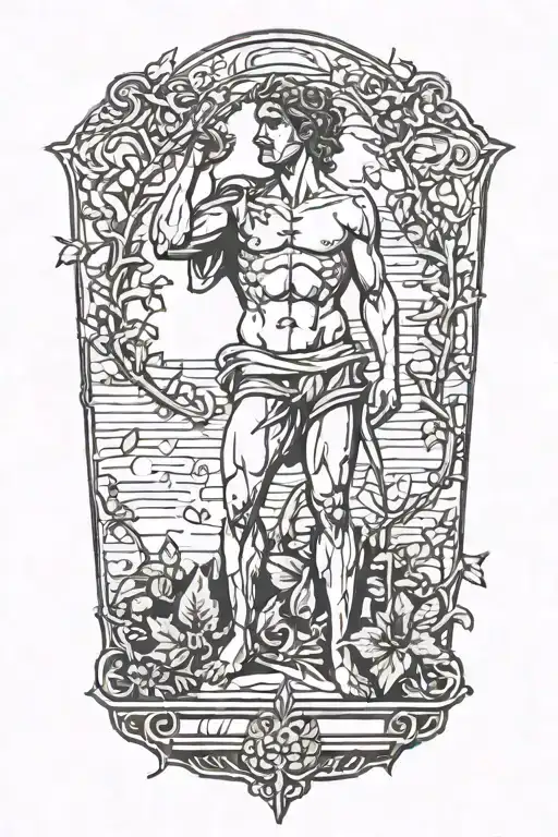 The David statue slightly cracked and weathered with vines and a lonely flower  - as if nature took over   tattoo design idea