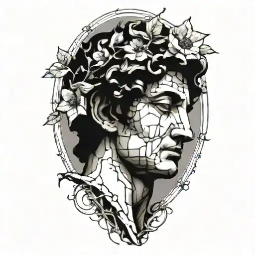 The David statue slightly cracked and weathered with vines and a lonely flower  - as if nature took over   tattoo design idea