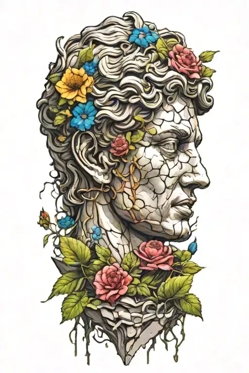 The David statue cracked and weathered with vines and a colorful pop of one flower tattoo design idea