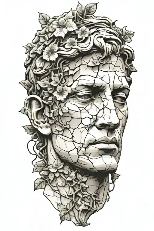 The David statue cracked and weathered with vines with a lonely flower tattoo design idea