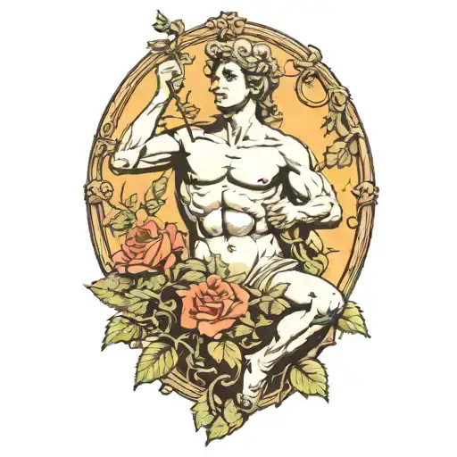 The David statue slightly cracked and weathered with vines and a lonely flower  - as if nature took over   tattoo design idea