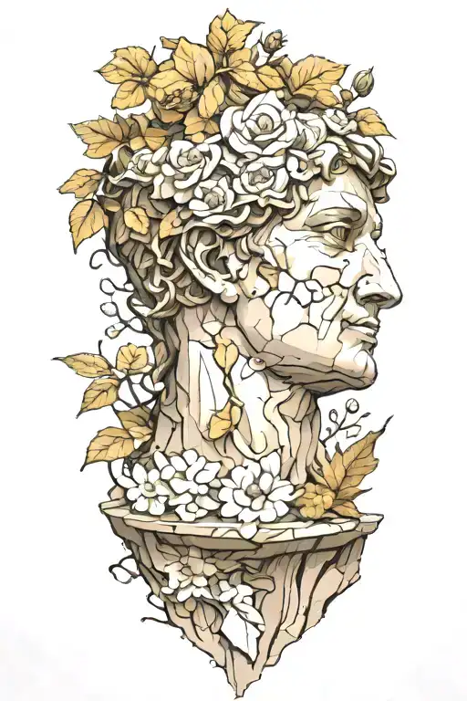 The David statue cracked and weathered with vines with lonely flower tattoo design idea
