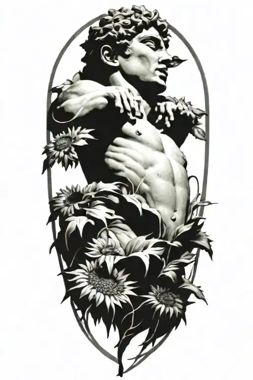 A realistic depiction of the David statue with intricate vine patterns wrapping around it, accented by a single vibrant sunflower tattoo design idea