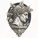 The David statue slightly cracked and weathered with vines and a lonely flower  - as if nature took over   tattoo design idea