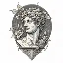 The David statue slightly cracked and weathered with vines and a lonely flower  - as if nature took over   tattoo design idea