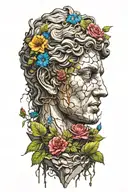 The David statue cracked and weathered with vines and a colorful pop of one flower tattoo design idea