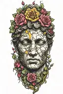 The David statue cracked and weathered with vines and a colorful pop of one flower tattoo design idea