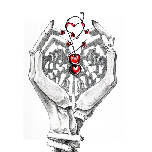 skeleton hand holding two red cherries tattoo design idea