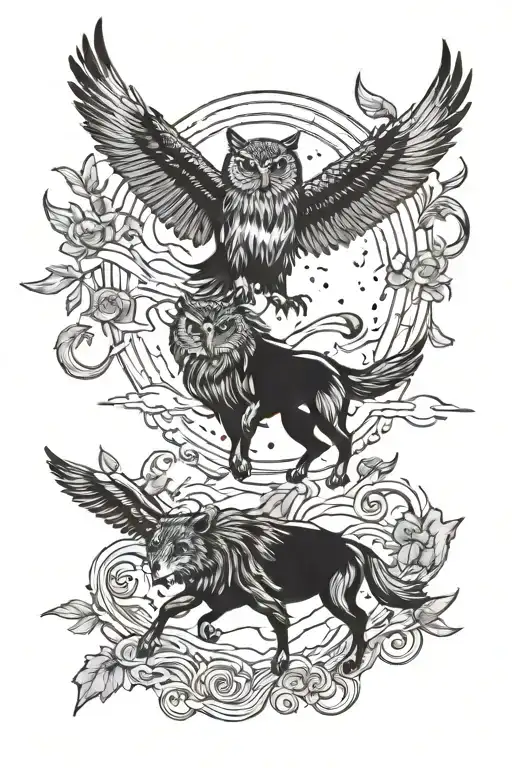 owl flying over a charging bull and howling wolf howling at the moon tattoo design idea