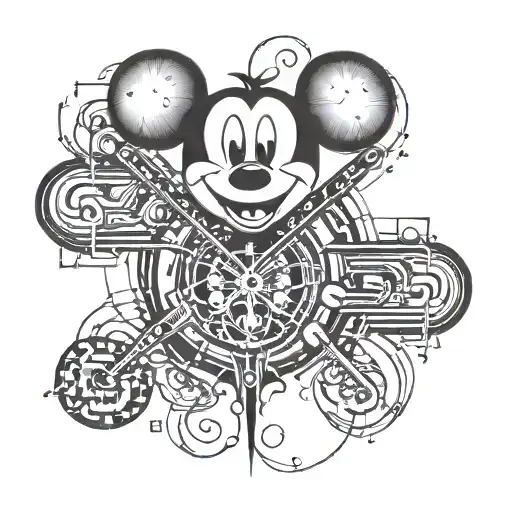 one heart pulse signal that stopped with long line and drawing mickey mouse structure tattoo design idea
